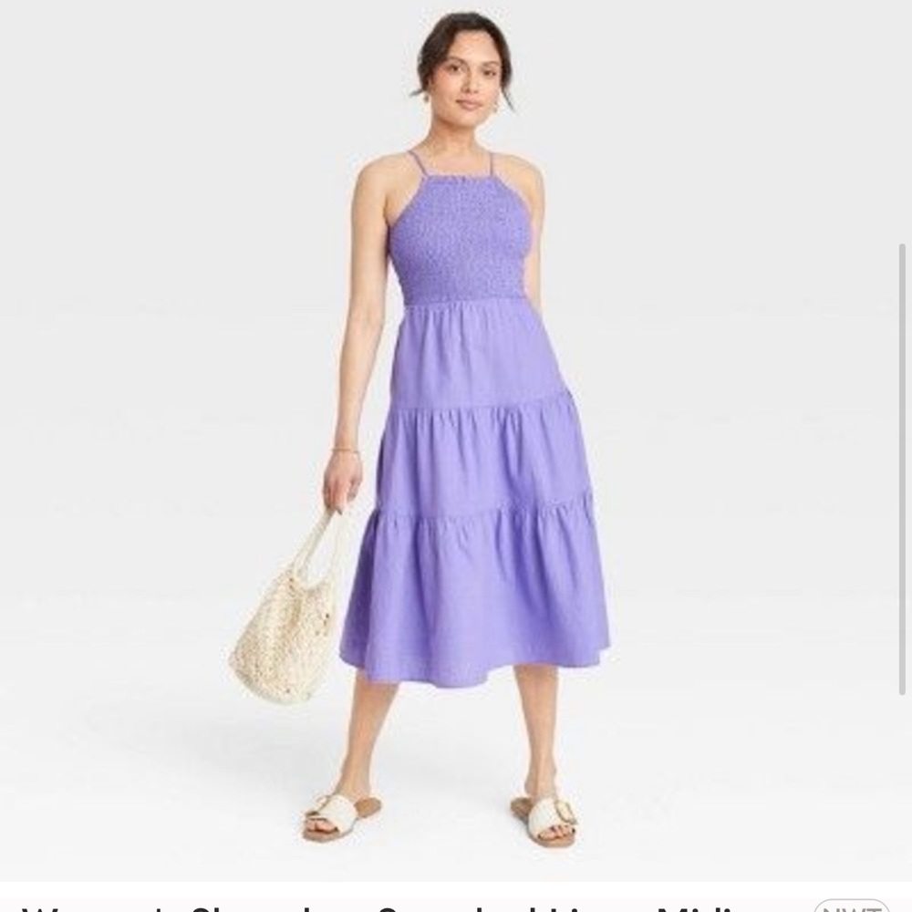 NWT Cotton/Linen purple Smocked Tiered MIDI Dress Size Small